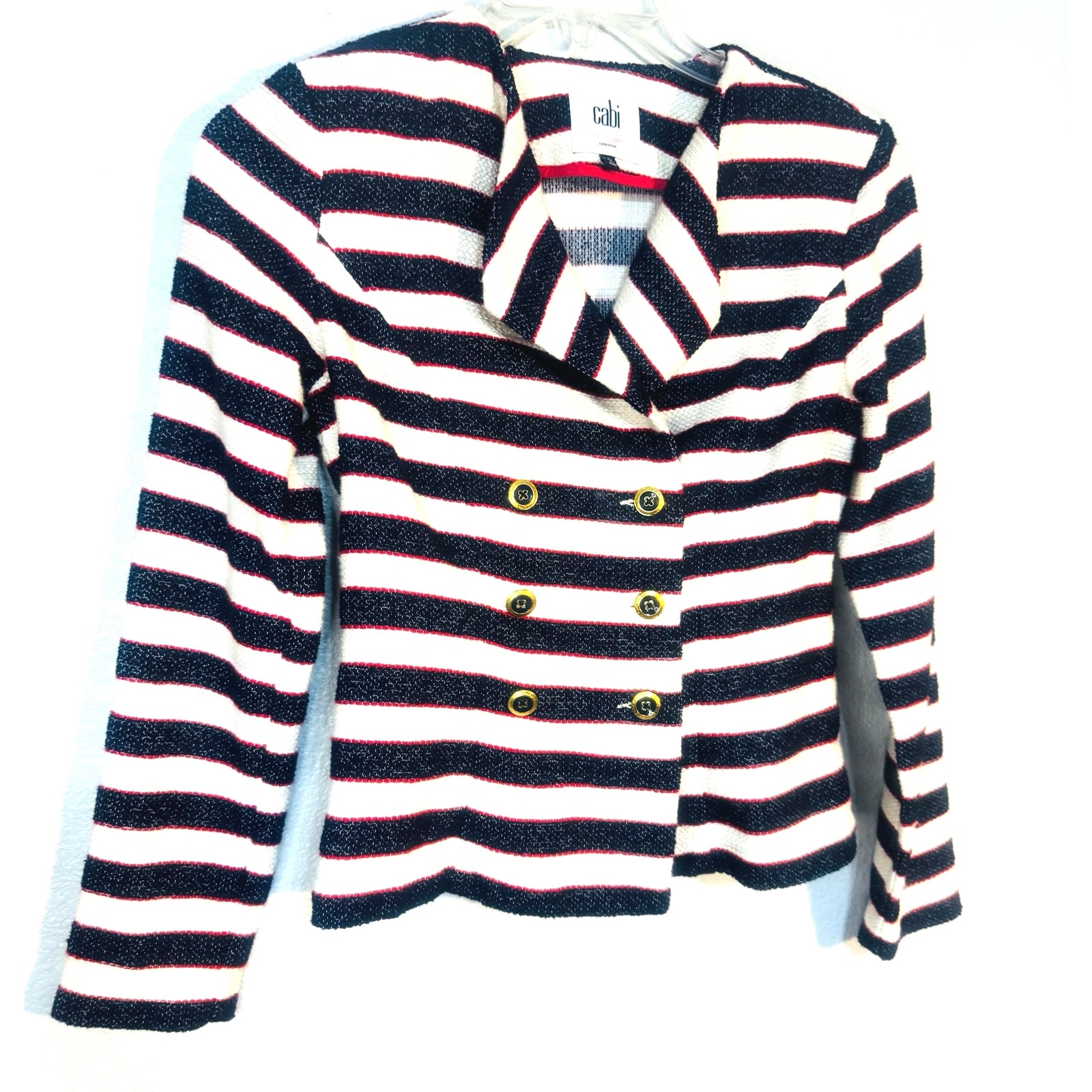 Cabi Nautical Blazer Jacket Sz 0 Sm Coastal Striped Double Breasted Gold Buttons